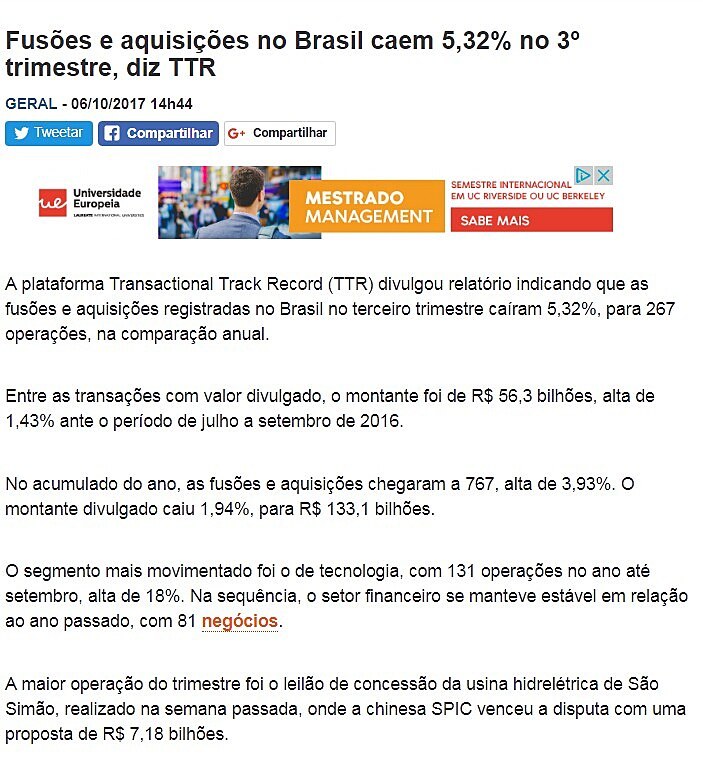 Fuses e aquisies no Brasil caem 5,32% no 3 trimestre, diz TTR